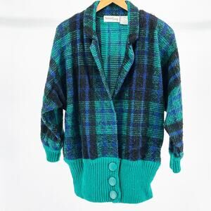80s Samuel Jason Blue Green Plaid Oversized Retro Knit Coatigan Sweater Size XXL